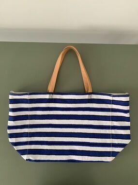 GAP Striped Canvas Tote Bag with Tan Leather Handles - Blue & White